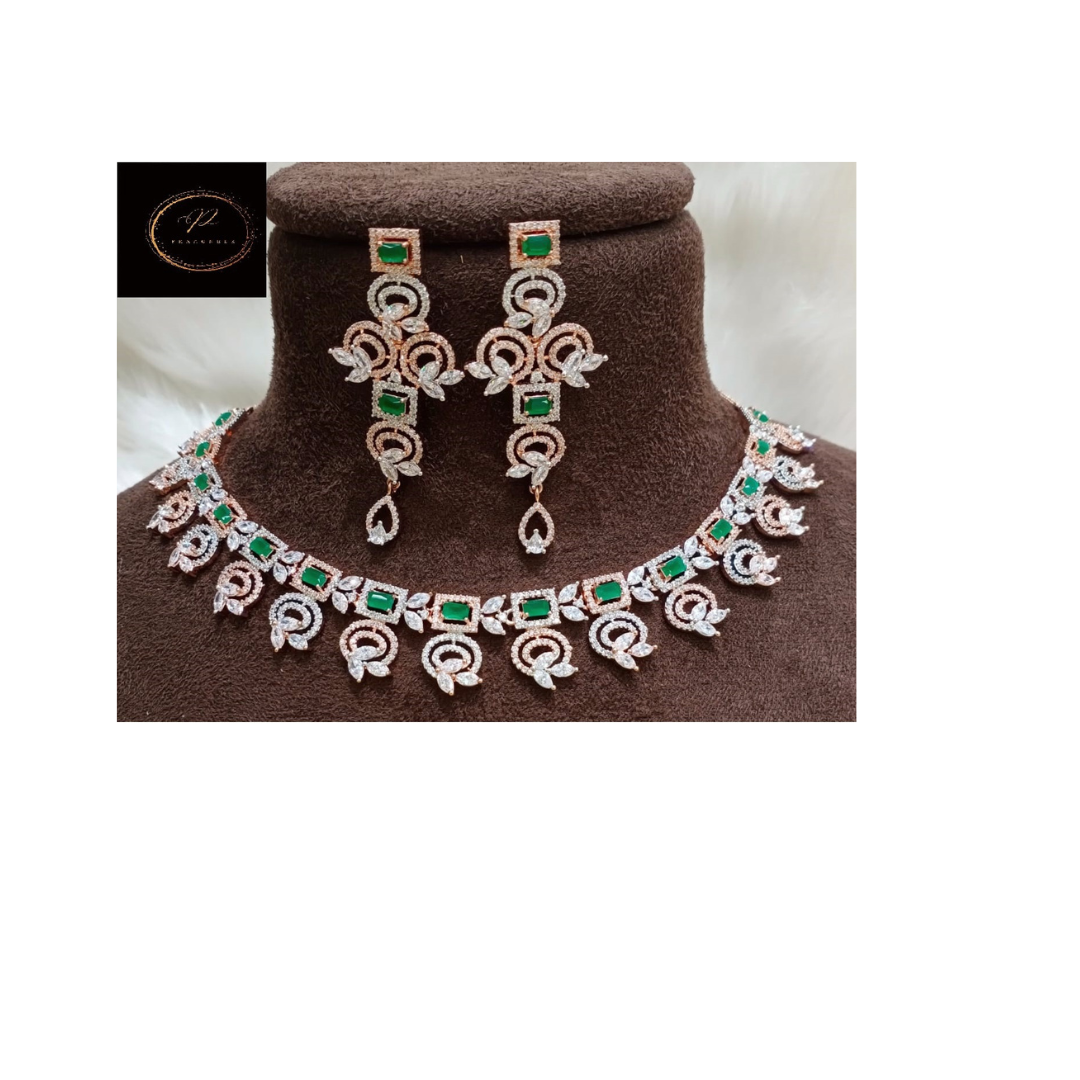 American diamond set with green bucket stones short necklace (EMXGBAD8)