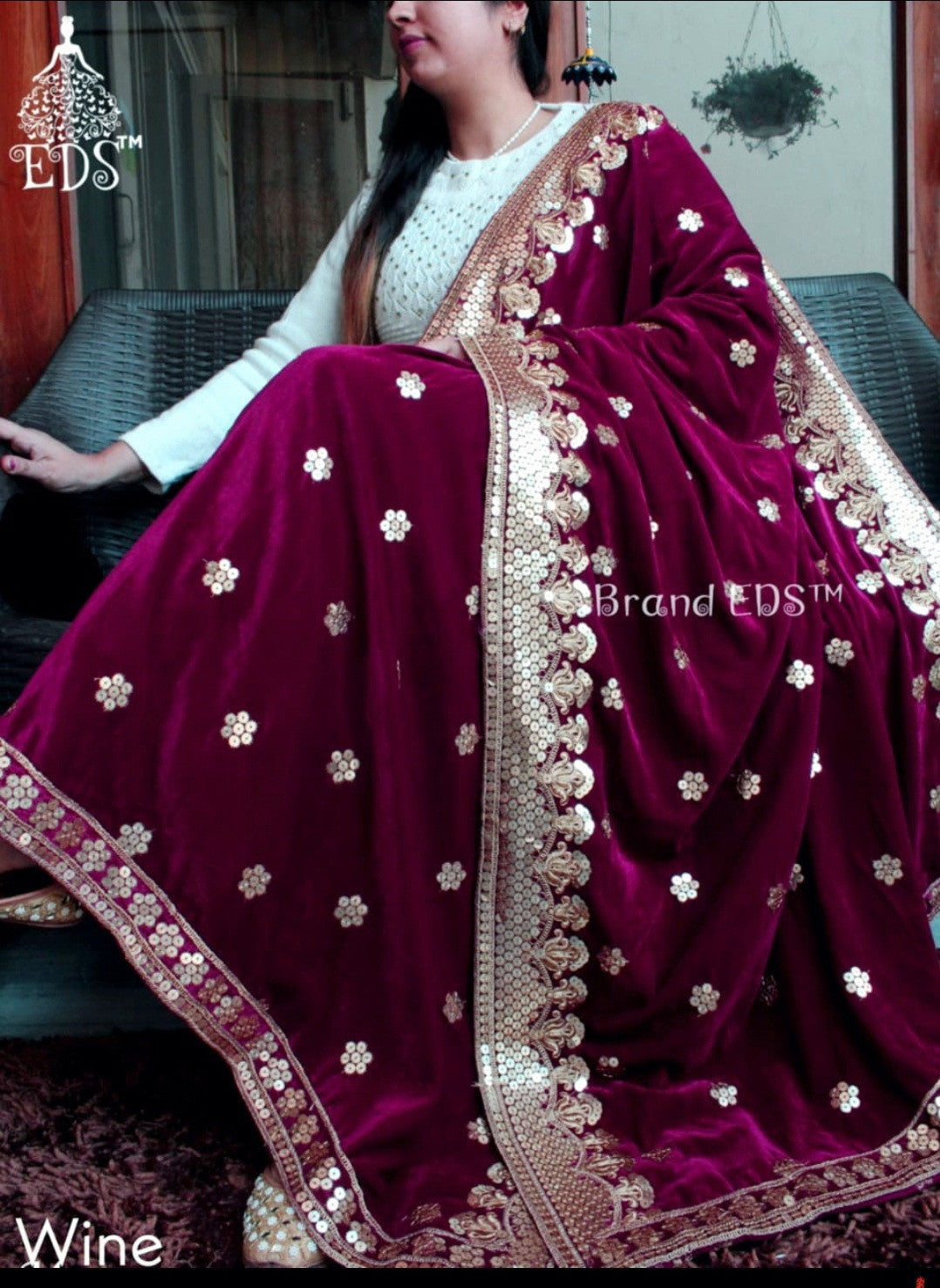 Wine Embellished Silk Blend Dupatta main image 0
