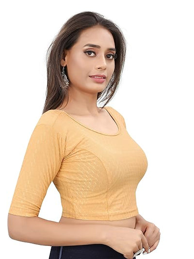 Round Neck Dobby Cotton Lycra Stretchable Elbow Sleeve Readymade Saree Blouse (30-36)