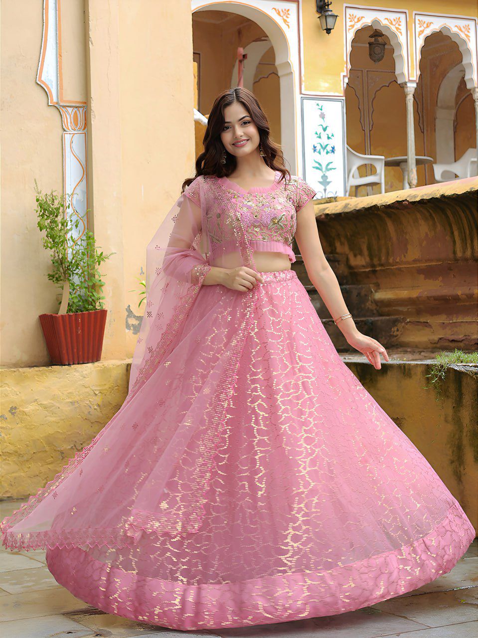 Lahenga Choli - Net (Semi-stitched)