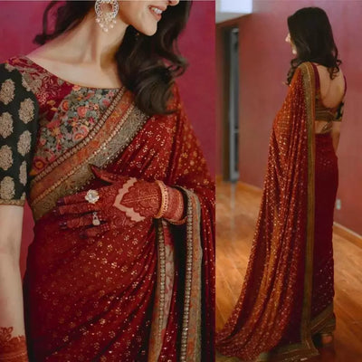 Red Heavy Satin Silk Bridal Saree