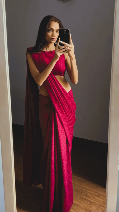 Red Chikankari Saree