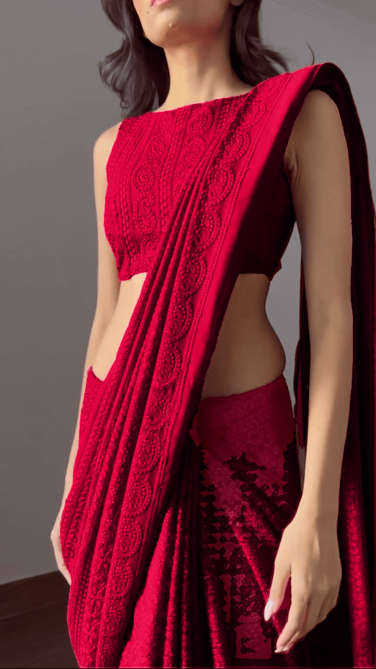 Red Chikankari Saree