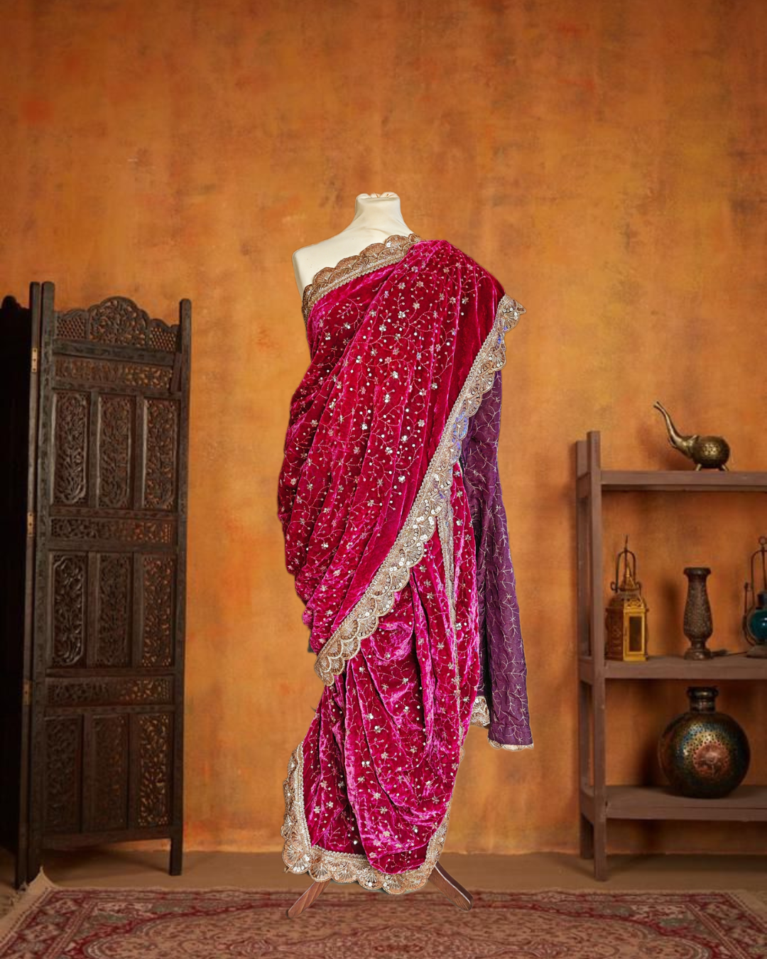 Marathi Stitched VELVET Nauvari Saree Peshwai - Dark Pink color