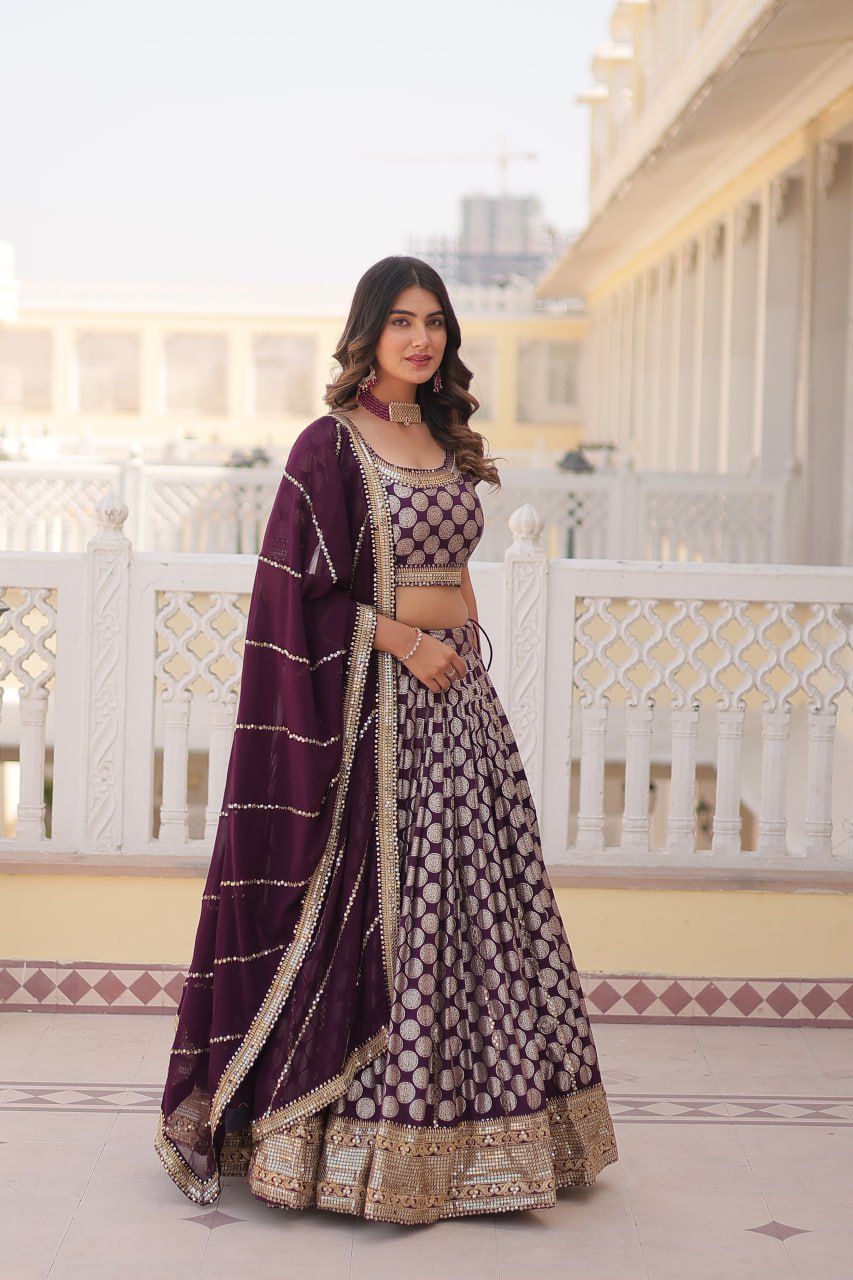 Lahenga Choli - Viscose Jacquard with Embroidered Sequins (Semi-stitched)