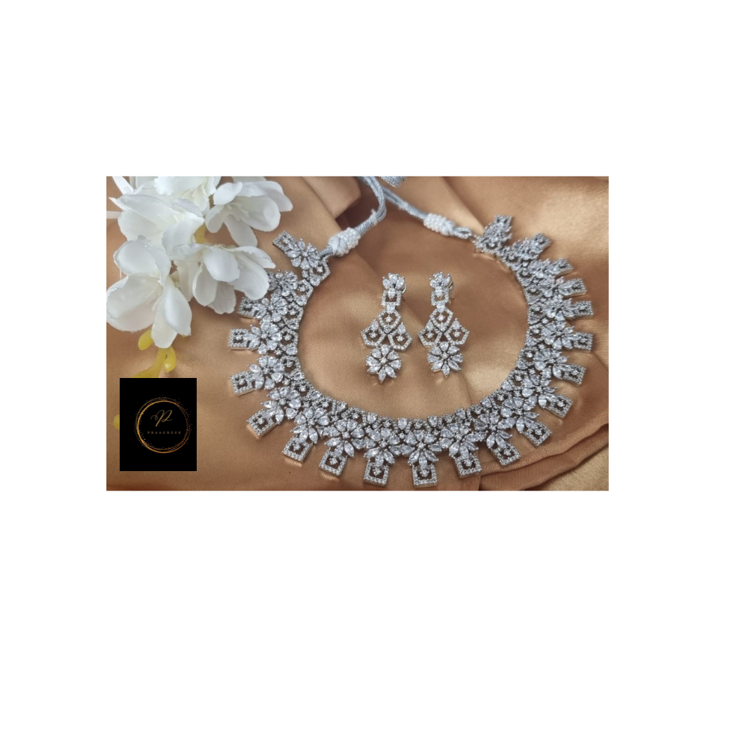 Silver Plated Flower Necklace - American Diamond Necklace Set (EMXFSAD17) - Shop now at Praagneek.com