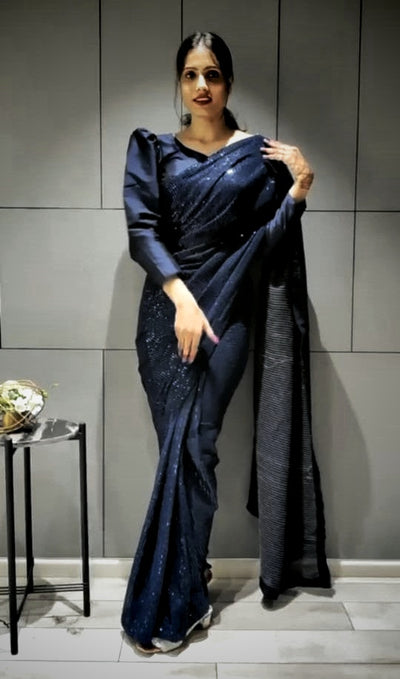 Sequin Stitched saree in Midnight Blue