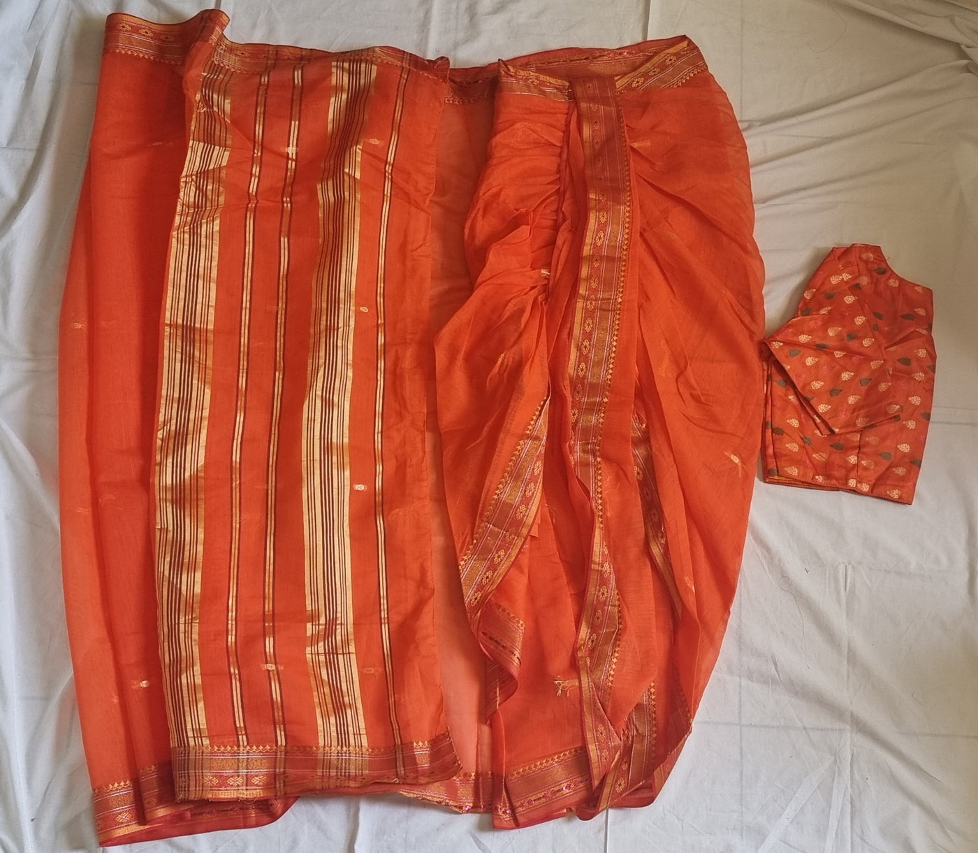 Stitched Marathi Soft Cotton Nauvari saree - Brocade blouse - Upto 42 inch waist