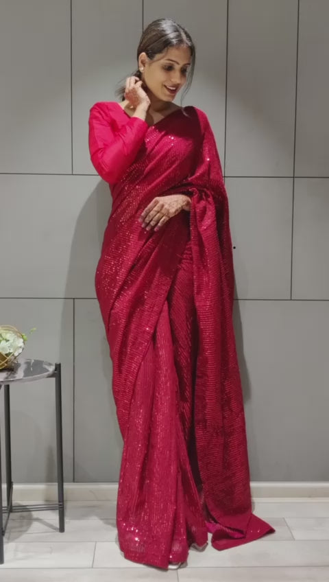 Sequin Stitched saree in Red