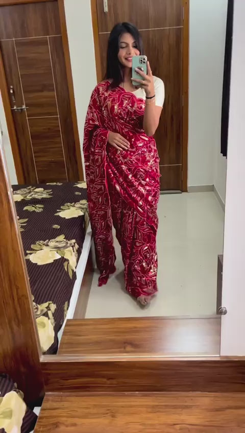 Sequin Stitched saree in Red