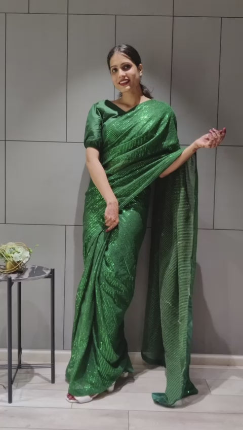 Sequin Stitched saree in Green