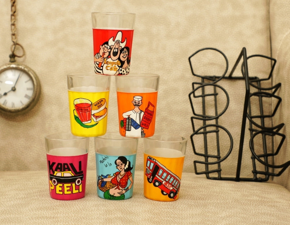 Tapri Tea Graphics Amchi Mumbai Cutting Chai Tea Tapri glasses (set of 4 & 6) | PRAAGNEEK